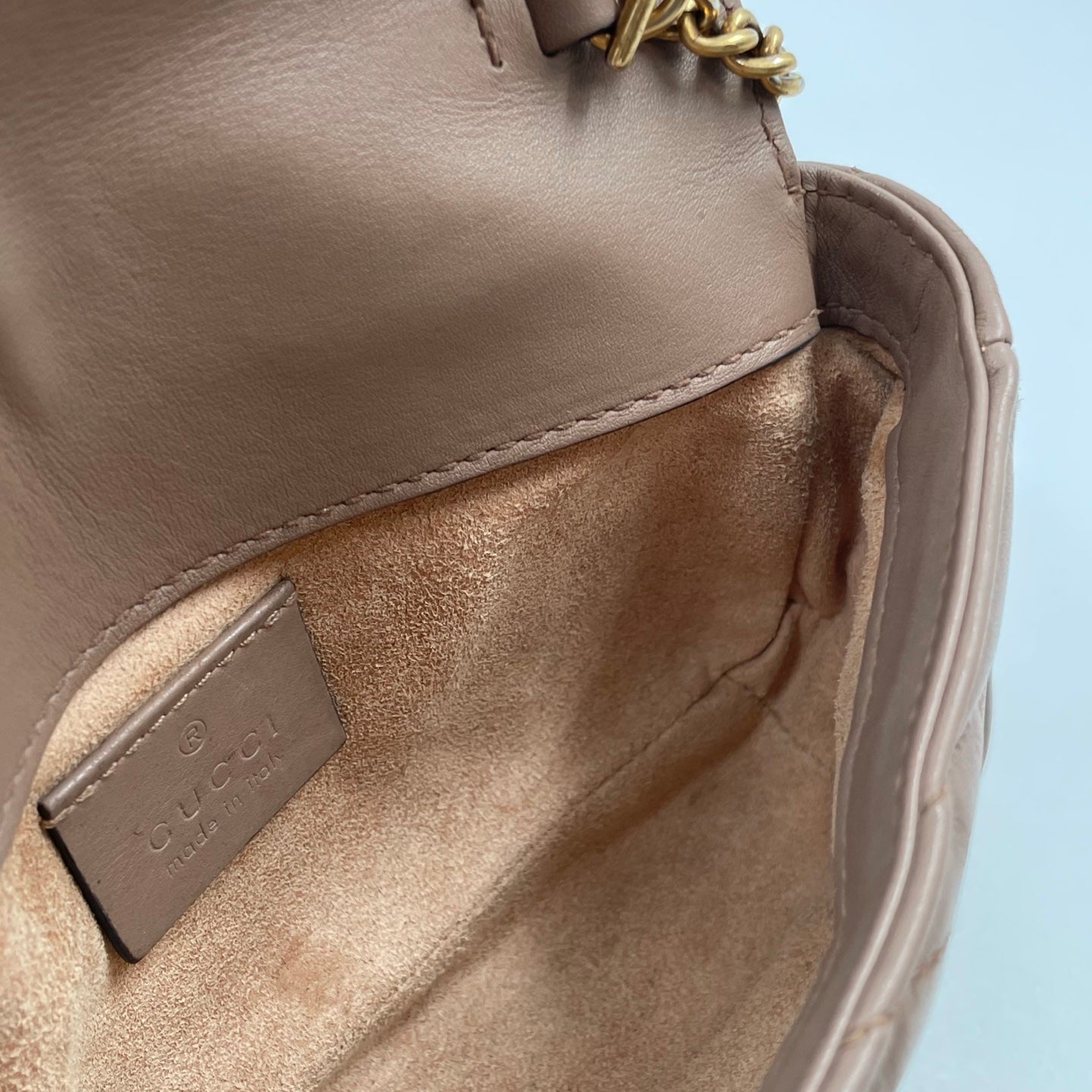 Gucci GG Marmont Super Mini Bag In Taupe Matelassé Leather