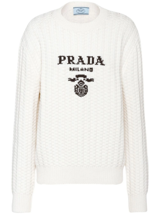 Prada White Intarsia Logo Knit Sweater