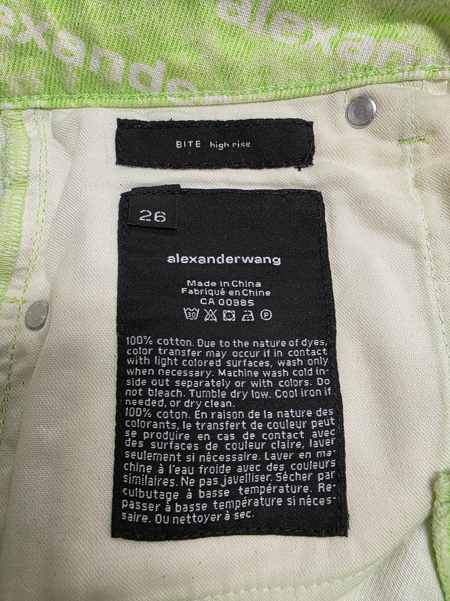 Alexander Wang Bite High Rise Green Logo Print Cut Off Denim