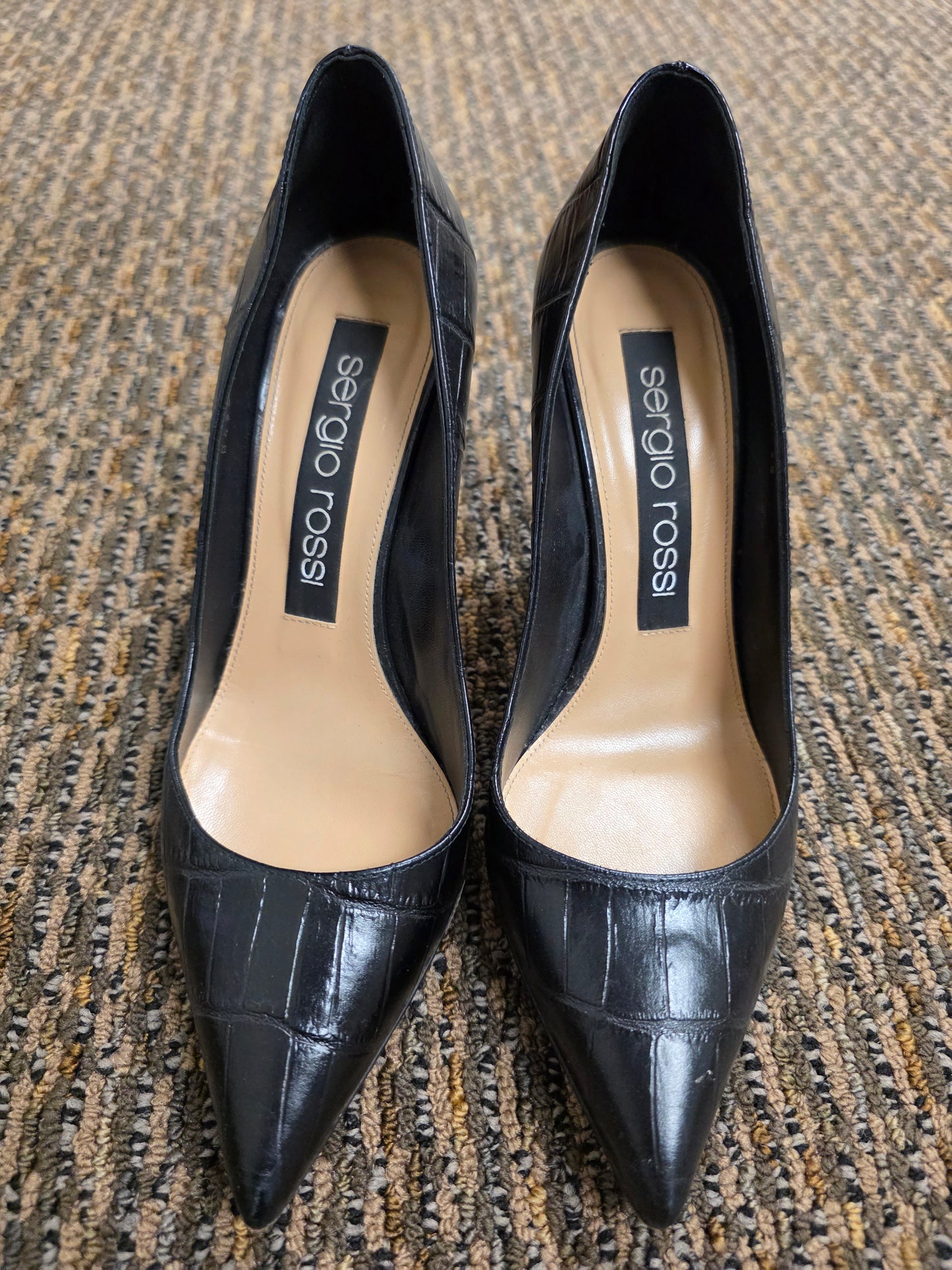 SERGIO ROSSI Black Croc Embossed Leather
