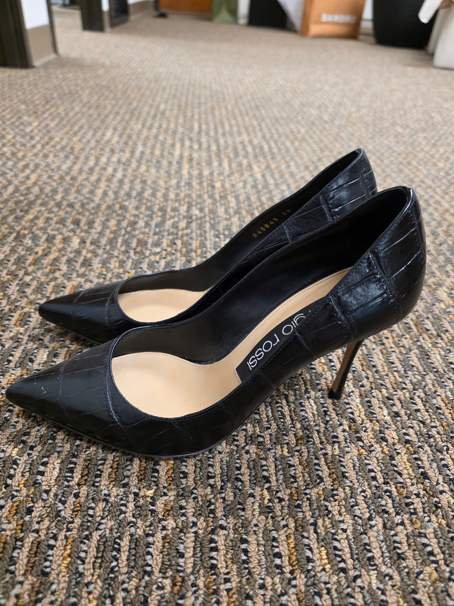 SERGIO ROSSI Black Croc Embossed Leather