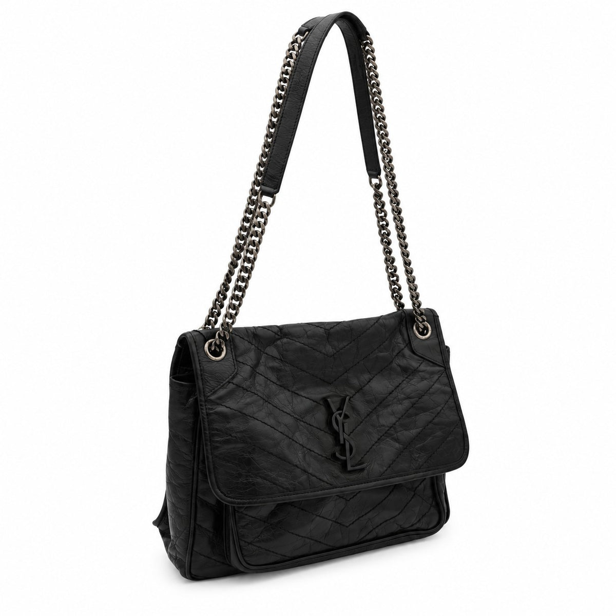 Saint Laurent Niki Crinkled Leather Medium Shoulder Bag Black