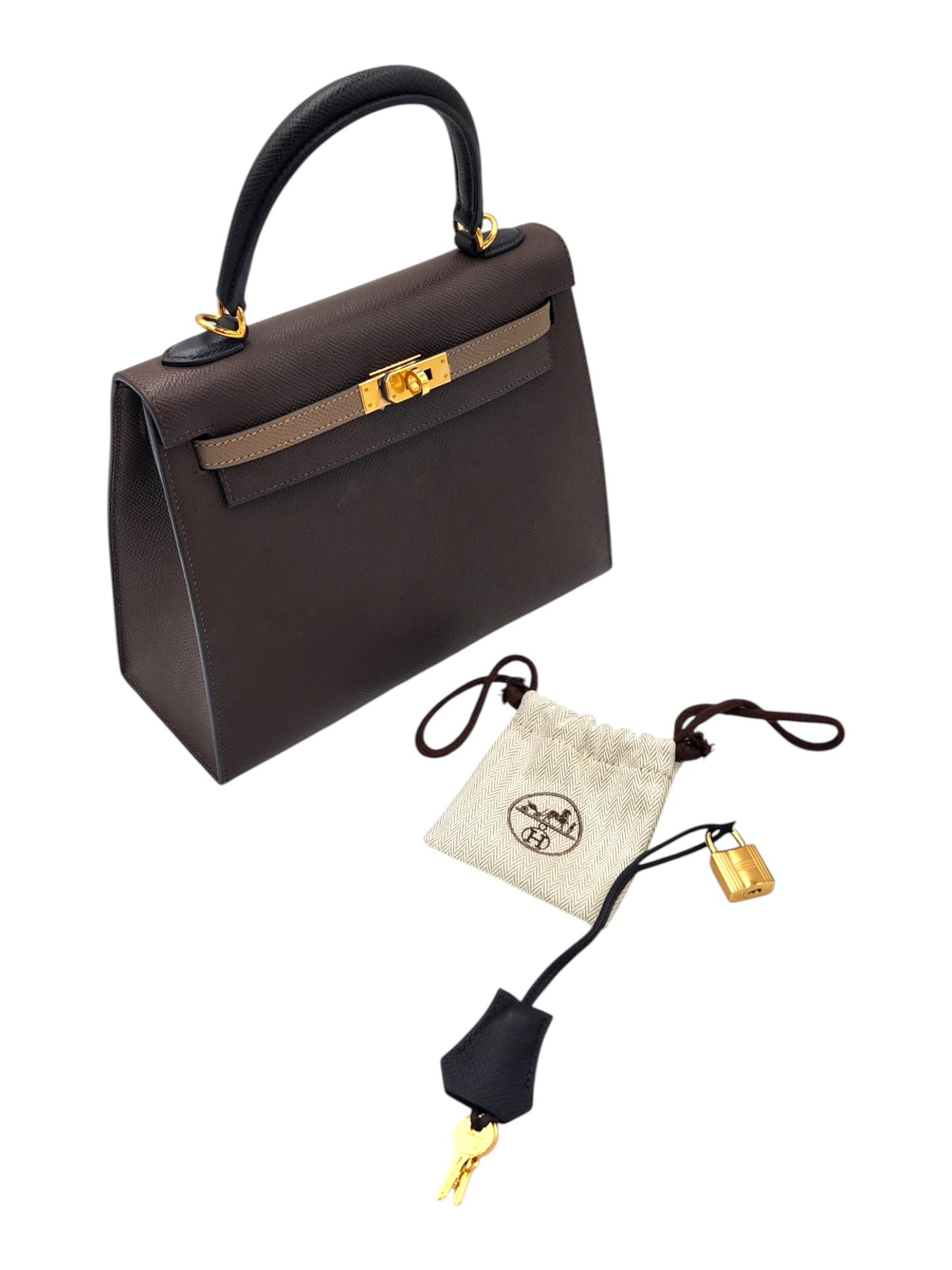 Hermes Kelly 25 Tricolor Sellier in Ecorce, Etoupe and Noir Epsom GHW