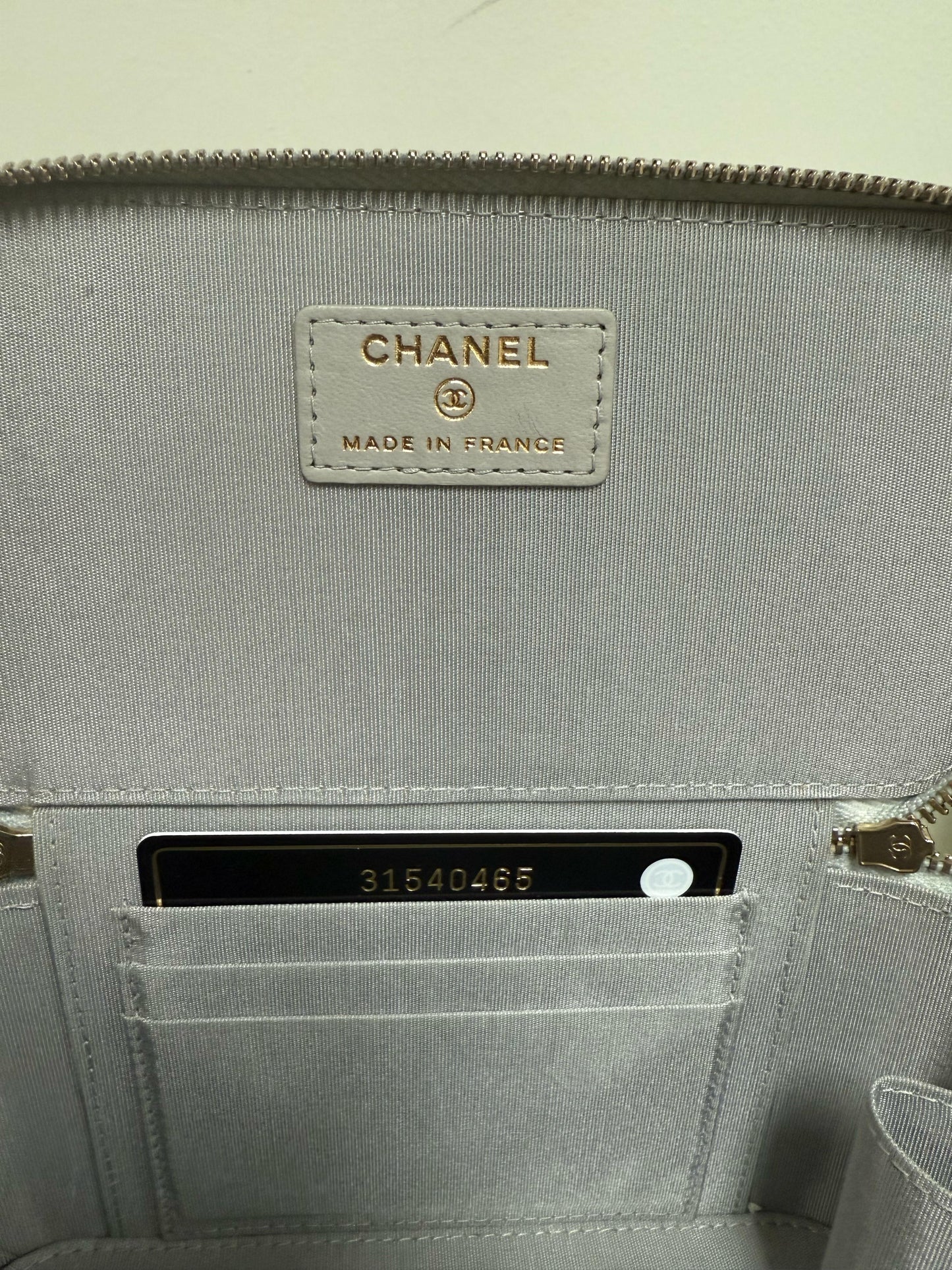 Chanel Lambskin Quilted Small Top Handle Vanity Case With Chain Light Grey