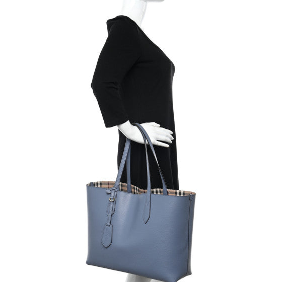 Burberry Calfskin Haymarket Check Small Reversible Tote Slate Blue