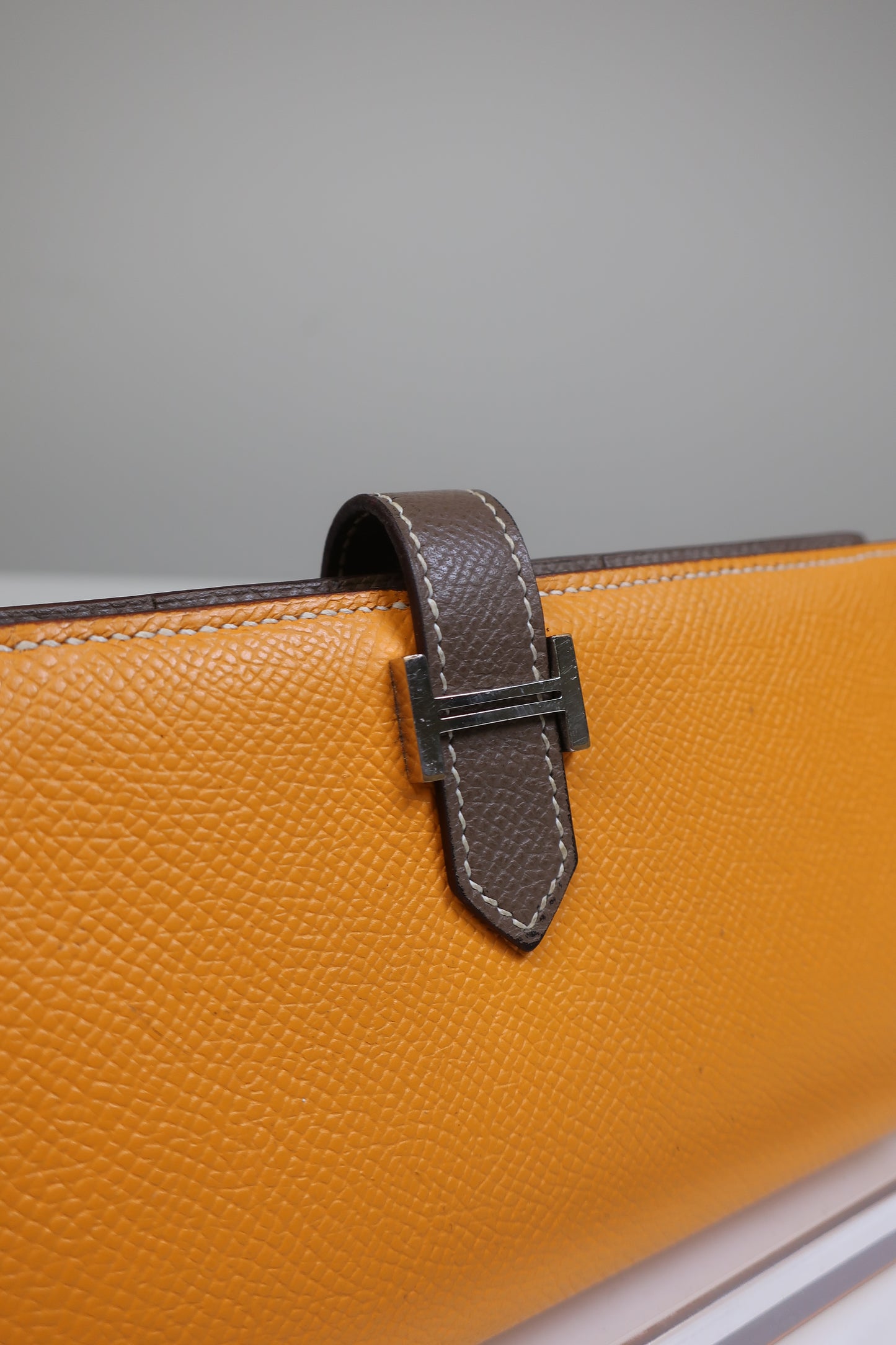 HERMES Bearn Bicolore Trifold Wallet Veau Epsom Yellow & Brown