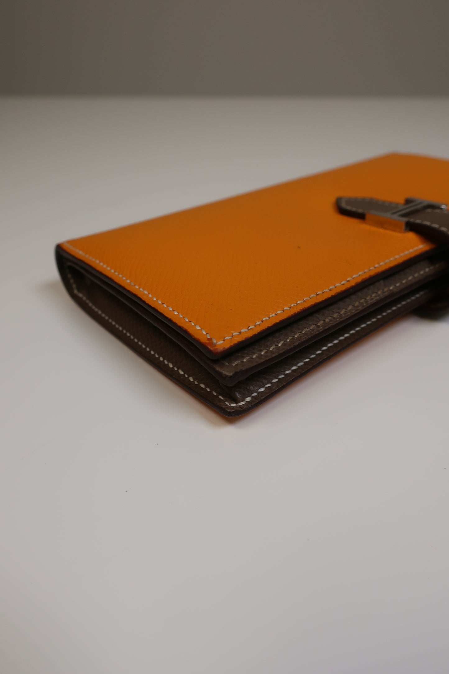 HERMES Bearn Bicolore Trifold Wallet Veau Epsom Yellow & Brown