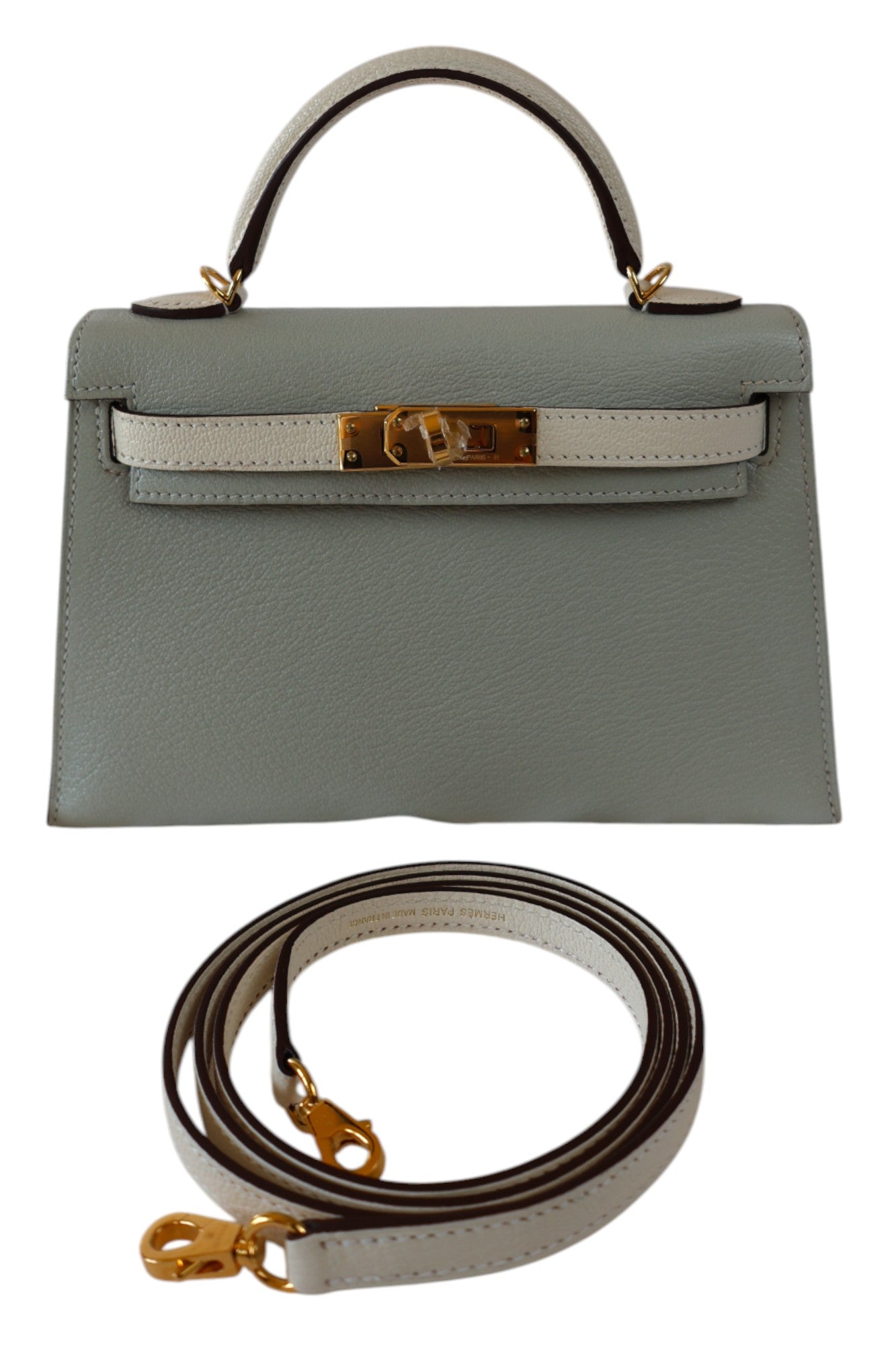 Hermès Mini Kelly II 20 HSS Gris Perle / Craie Chèvre with Gold Hardware 2023 Stamp B