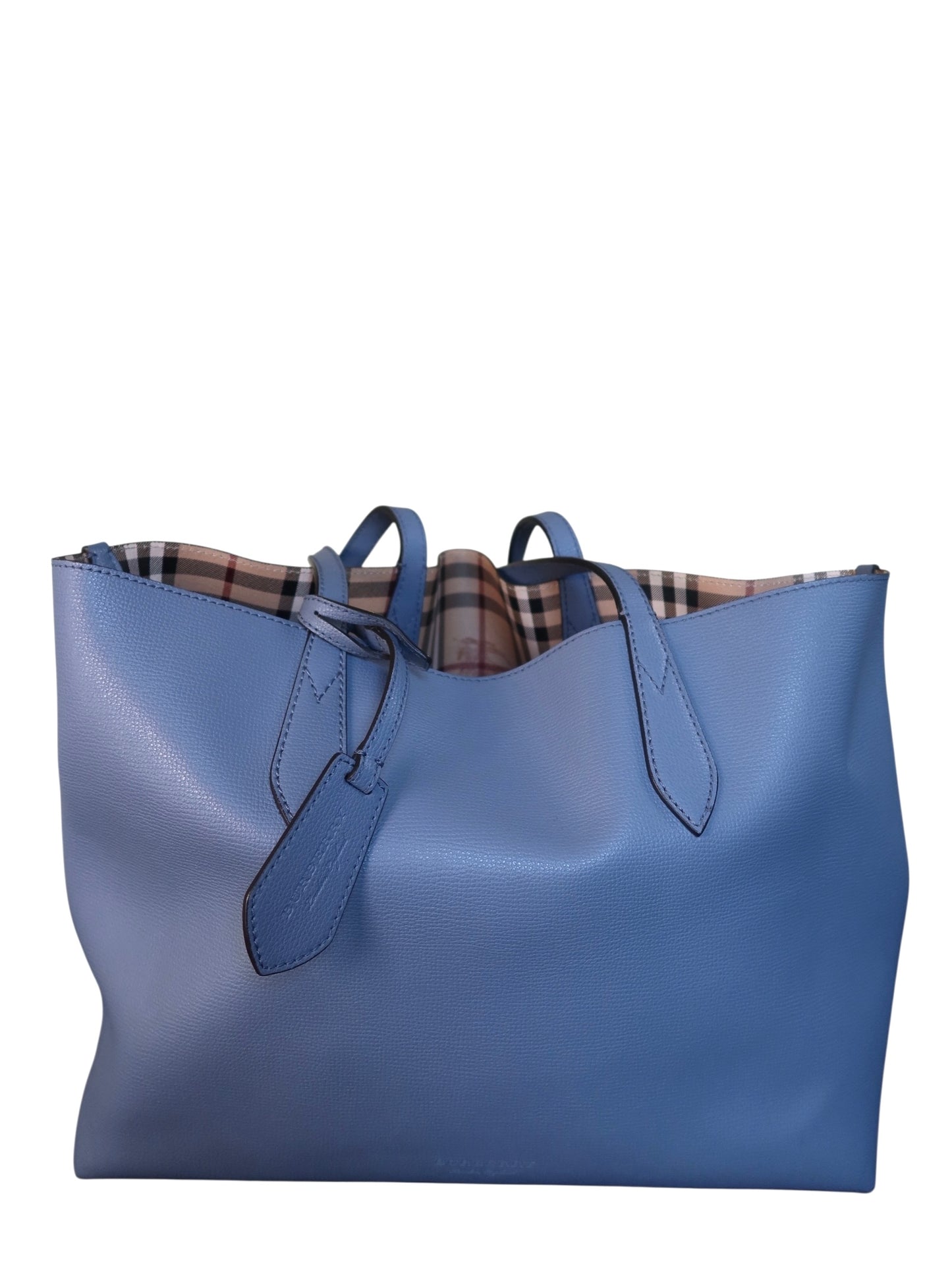 Burberry Calfskin Haymarket Check Small Reversible Tote Slate Blue