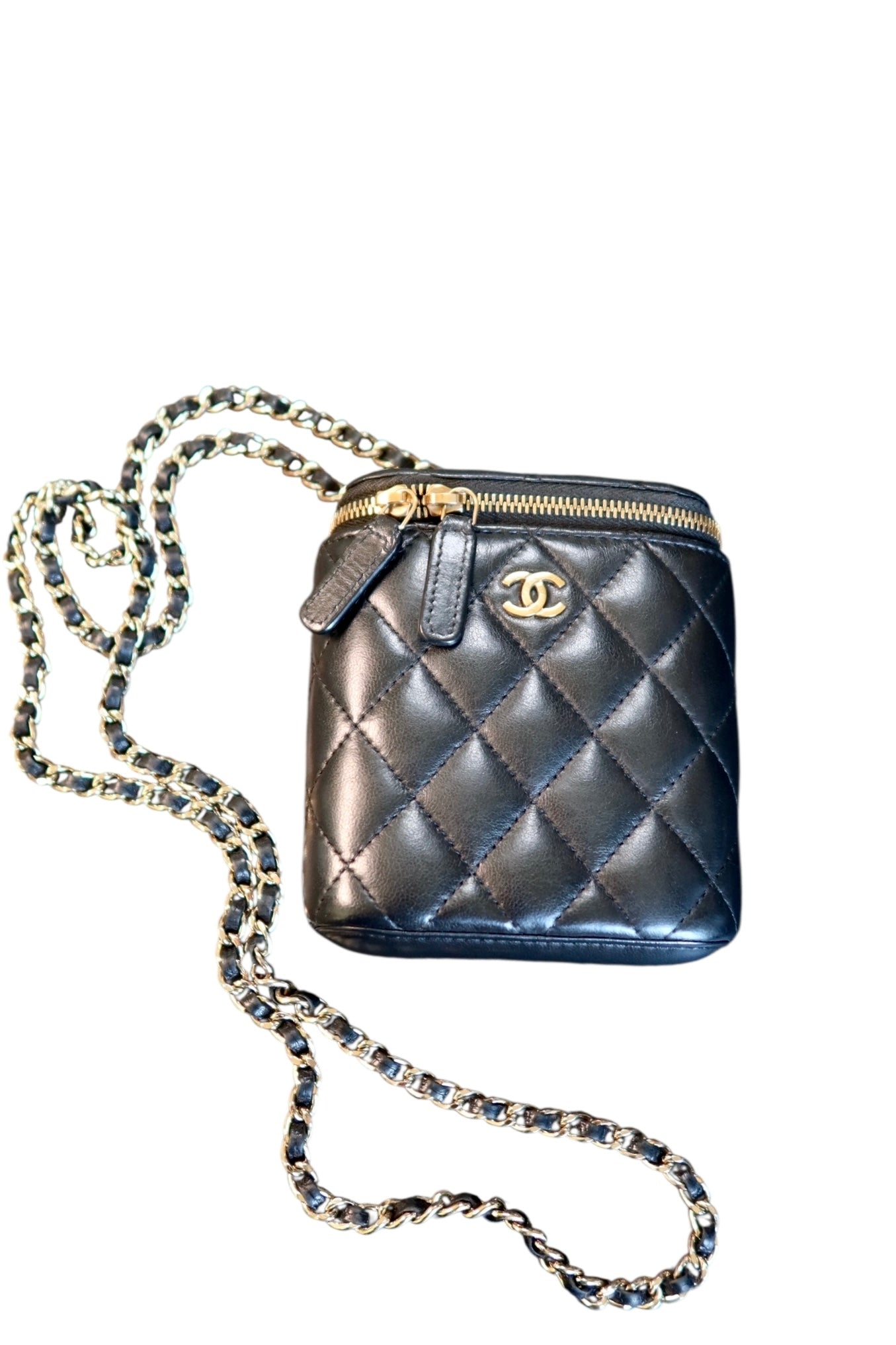 Chanel Lambskin Mini Vanity Case with Chain Black Leather Gold Hardware