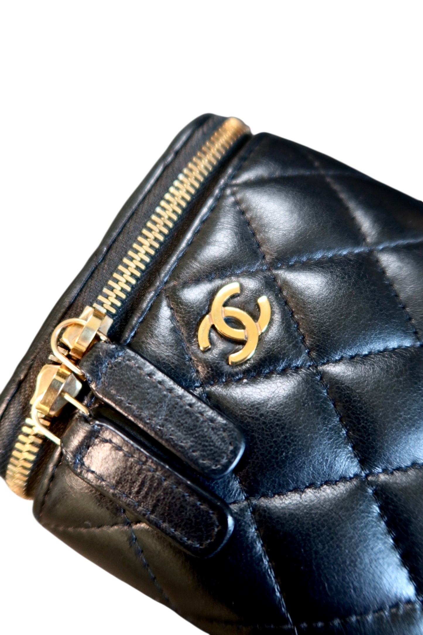 Chanel Lambskin Mini Vanity Case with Chain Black Leather Gold Hardware