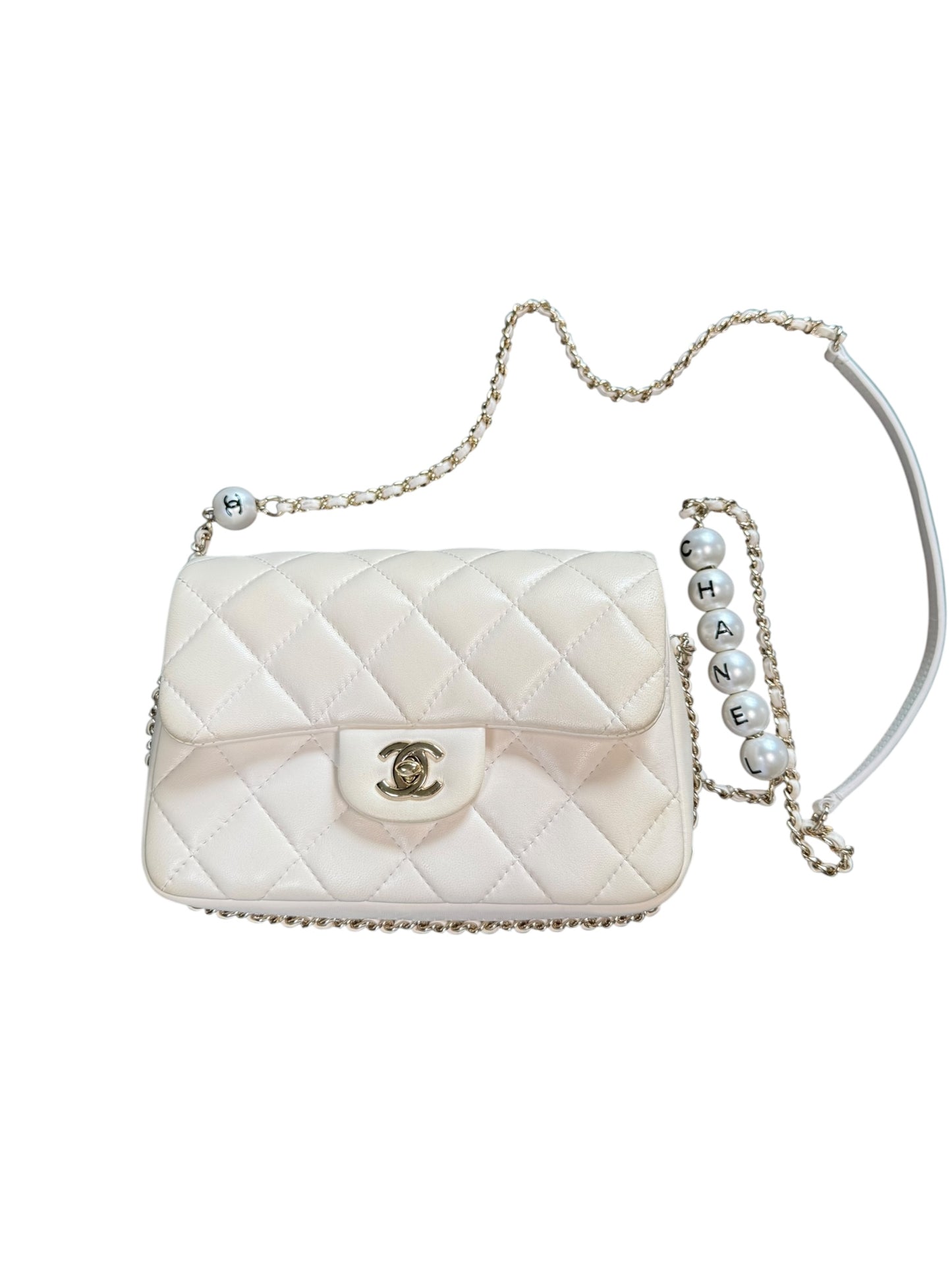 Chanel "My Precious" Flap Bag Imitation Pearl White Lambskin Light Gold Hardware