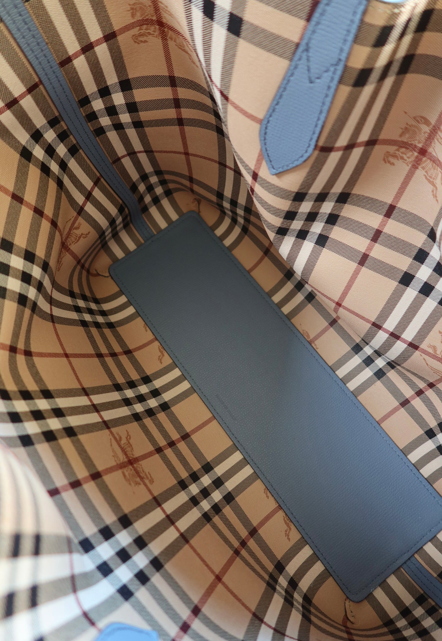 Burberry Calfskin Haymarket Check Small Reversible Tote Slate Blue