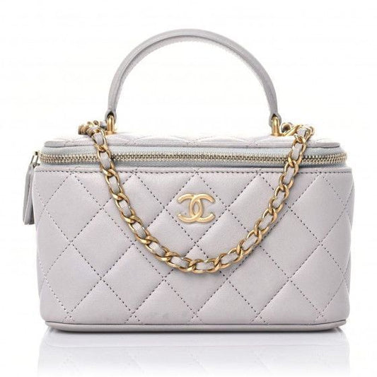 Chanel Lambskin Quilted Small Top Handle Vanity Case With Chain Light Grey