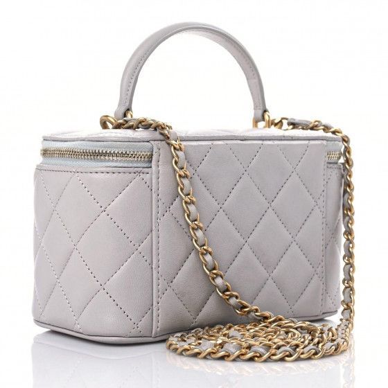 Chanel Lambskin Quilted Small Top Handle Vanity Case With Chain Light Grey
