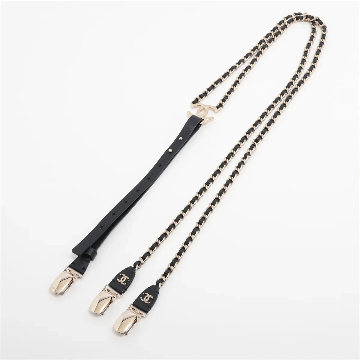 Chanel Coco Mark A21K Suspenders M GP & Leather Black×Gold