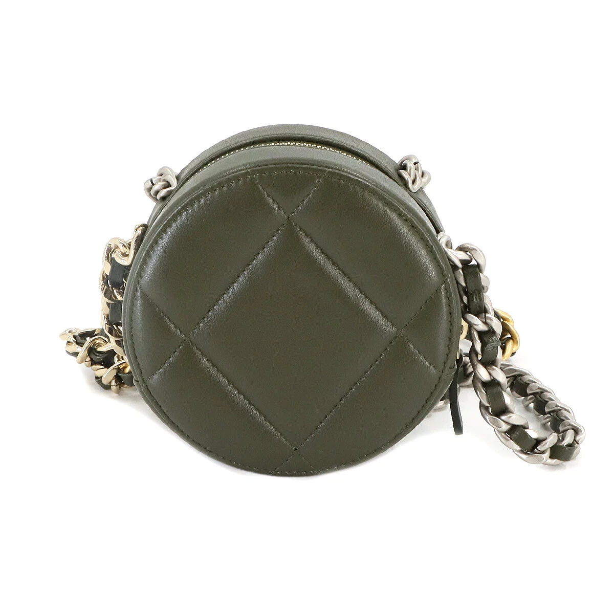 CHANEL 19 Round Clutch Chain Shoulder Bag Leather Khaki Purse