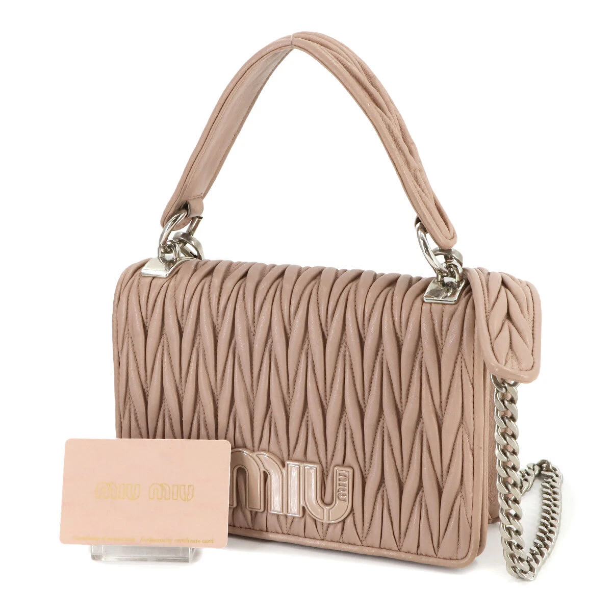 MIUMIU Matelasse Hand Chain Shoulder Bag Leather Pink Beige
