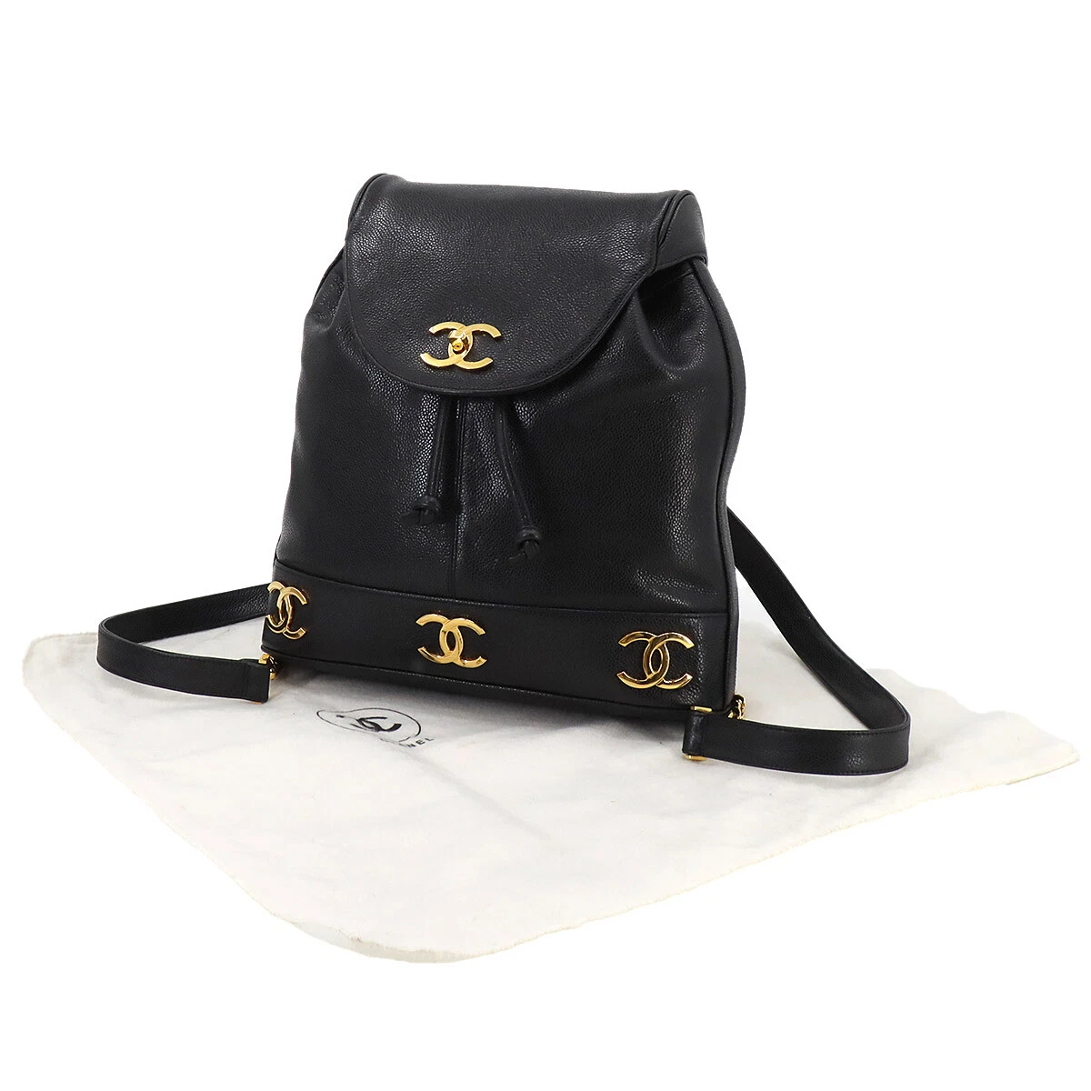 CHANEL Triple Coco Chain Backpack Caviar Skin Leather Black Purse