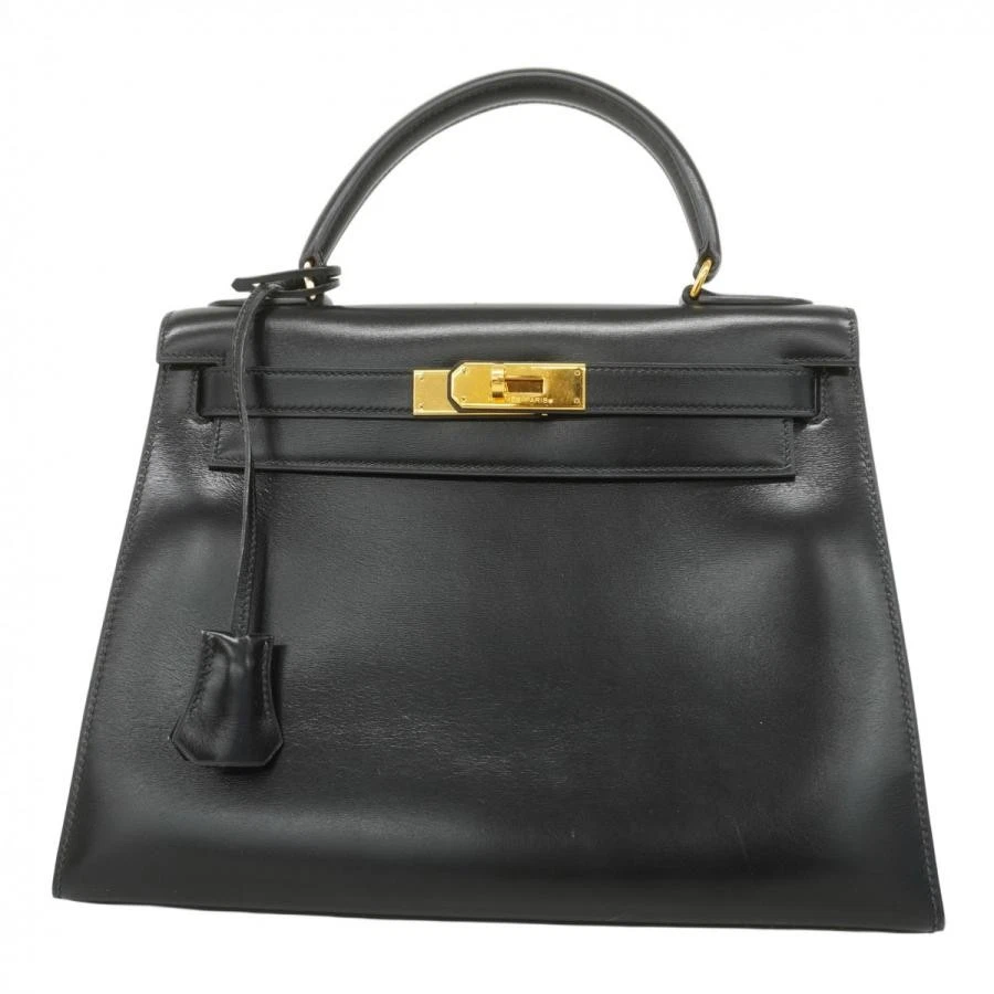 HERMES Kelly 28 Box Calf Handbag Black Circle R (1988)