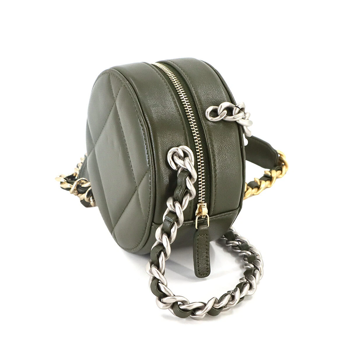 CHANEL 19 Round Clutch Chain Shoulder Bag Leather Khaki Purse