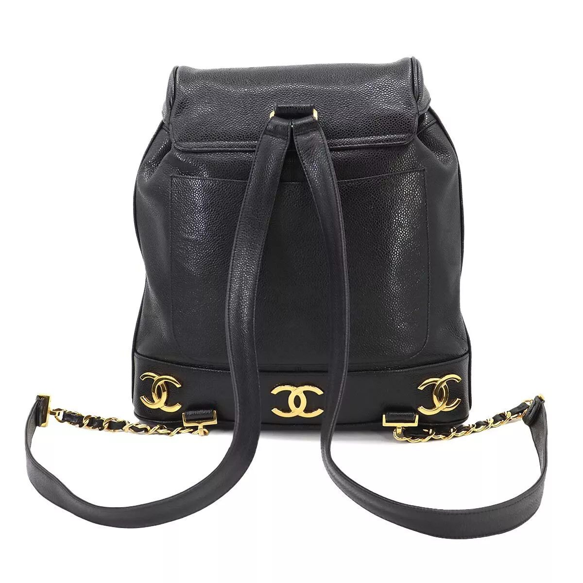 CHANEL Triple Coco Chain Backpack Caviar Skin Leather Black Purse