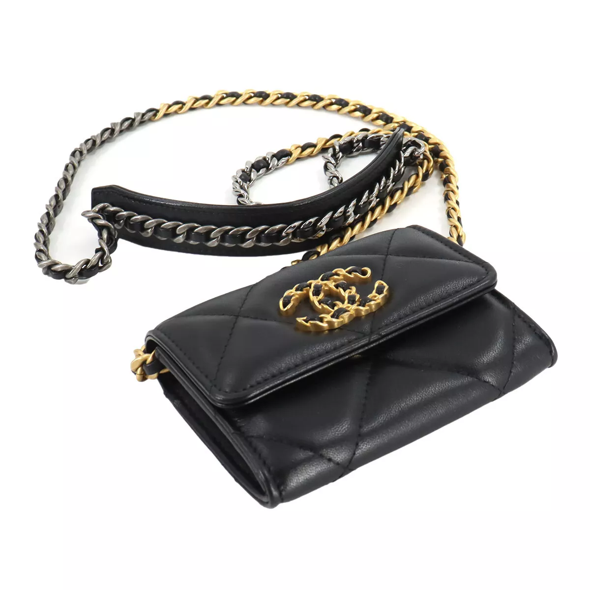 CHANEL 19 Flap Coin Purse Chain Coin Case Leather Black