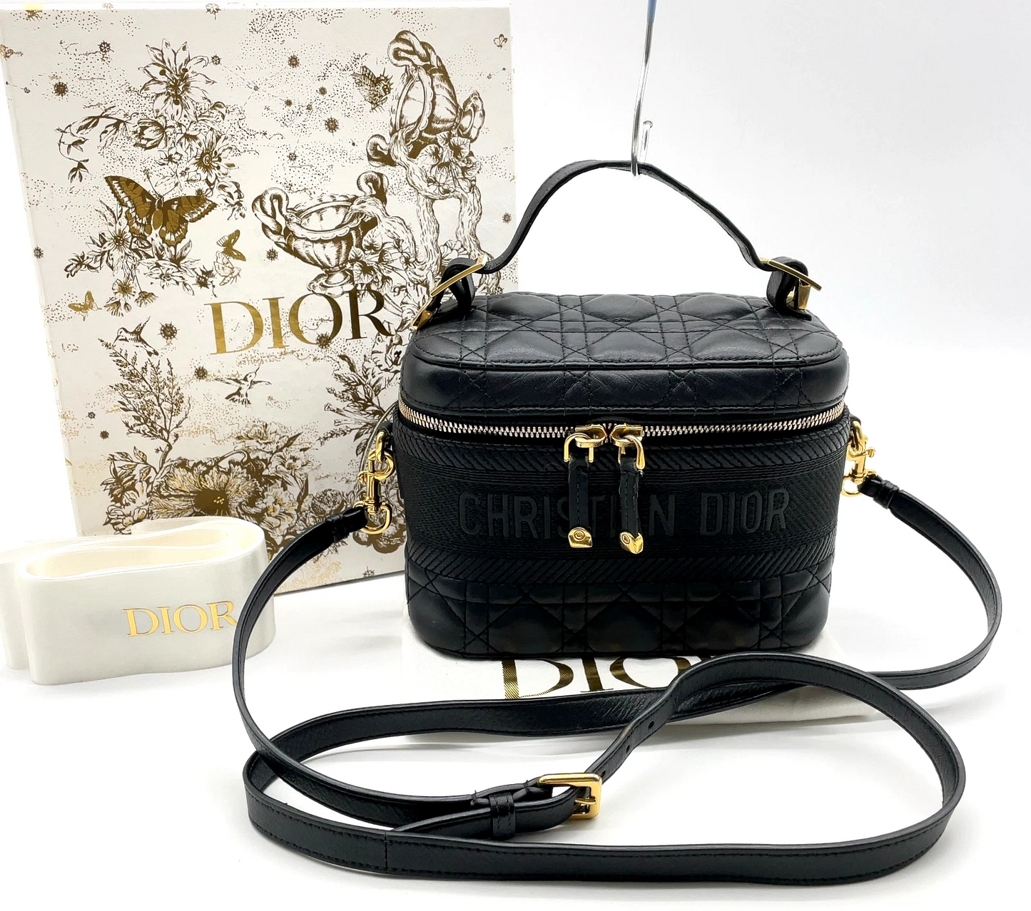 Christian Dior Small Cannage Leather 2-Way Vanity Bag in Black