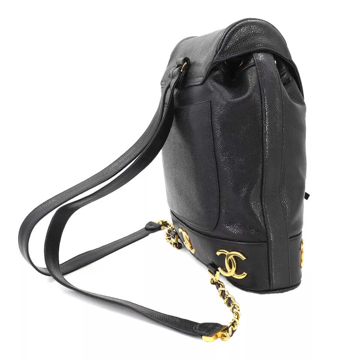 CHANEL Triple Coco Chain Backpack Caviar Skin Leather Black Purse