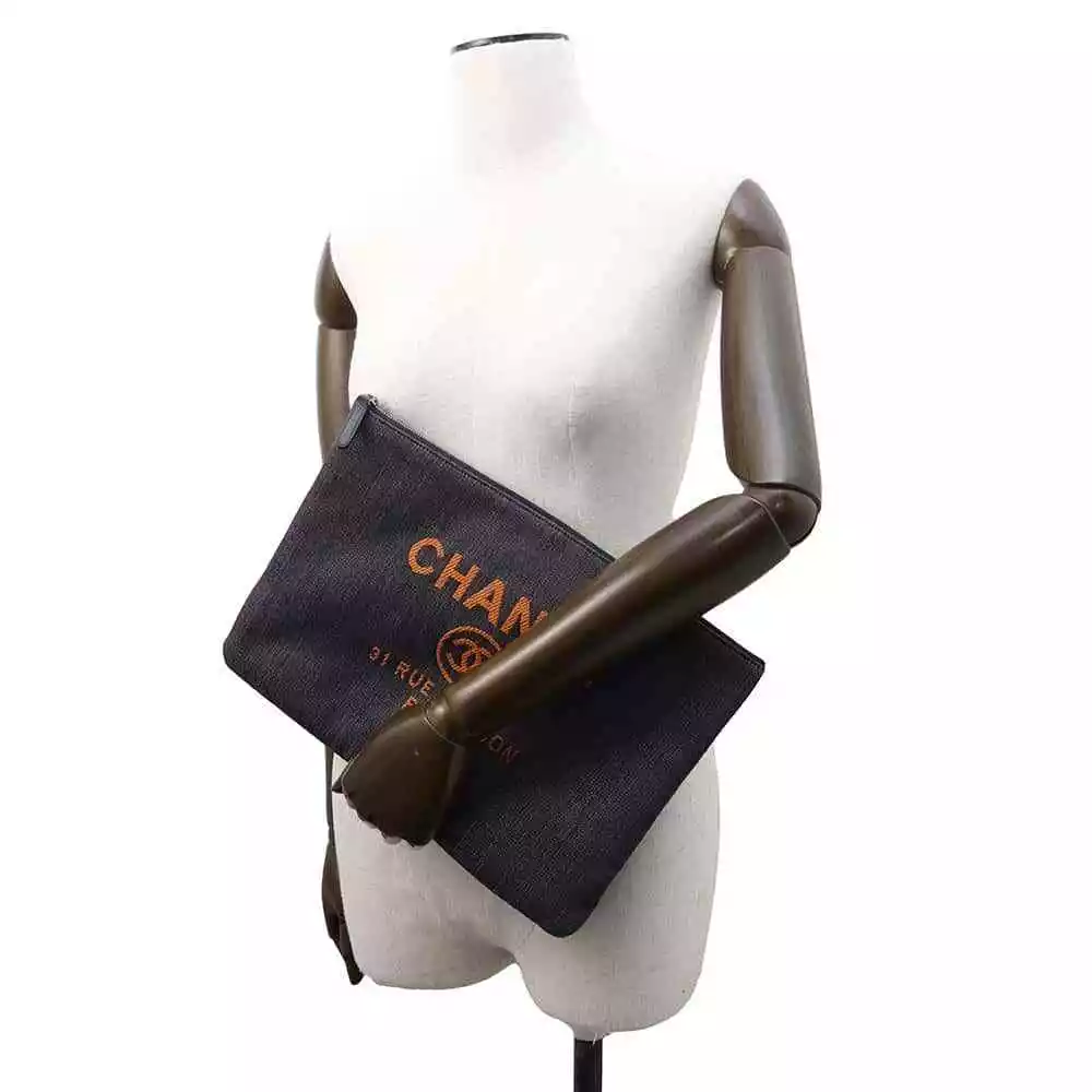 CHANEL Deauville Clutch Bag Denim Navy Orange