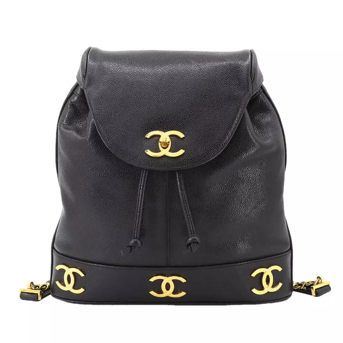 CHANEL Triple Coco Chain Backpack Caviar Skin Leather Black Purse