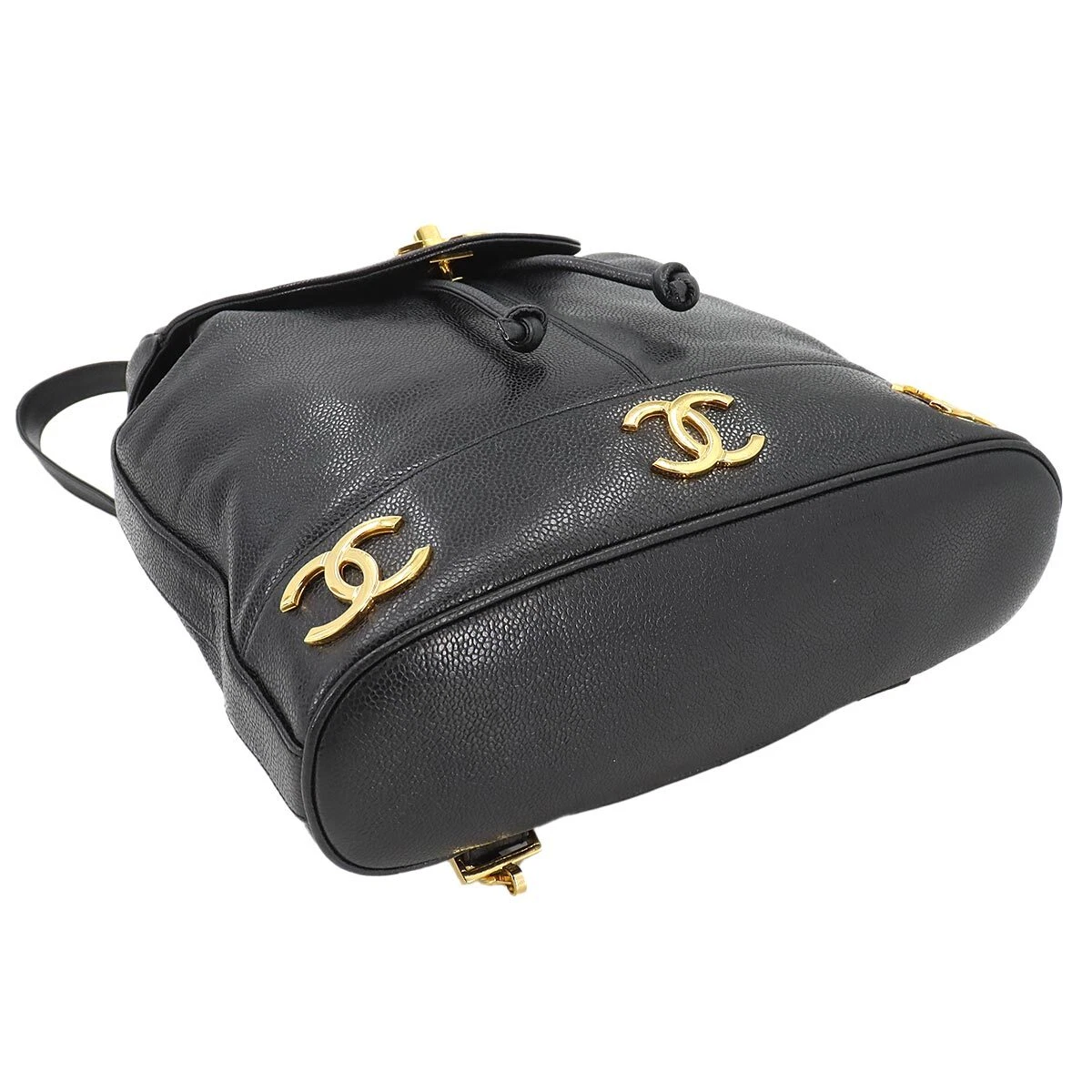 CHANEL Triple Coco Chain Backpack Caviar Skin Leather Black Purse