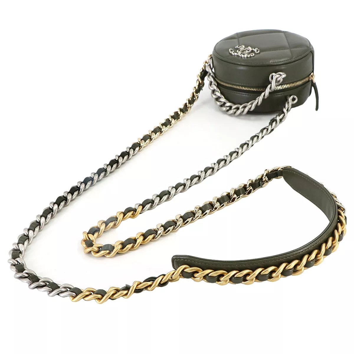 CHANEL 19 Round Clutch Chain Shoulder Bag Leather Khaki Purse