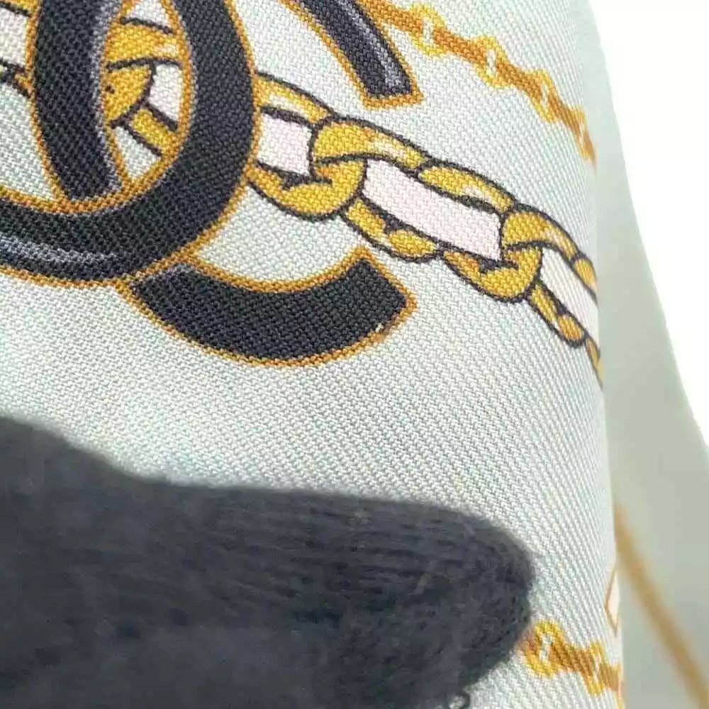 CHANEL CC Logo Camellia Chain Motif Scarf 100% Silk Blue