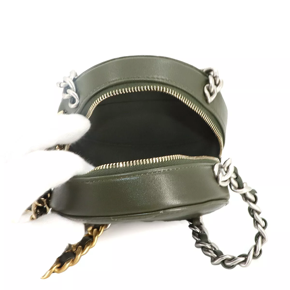 CHANEL 19 Round Clutch Chain Shoulder Bag Leather Khaki Purse