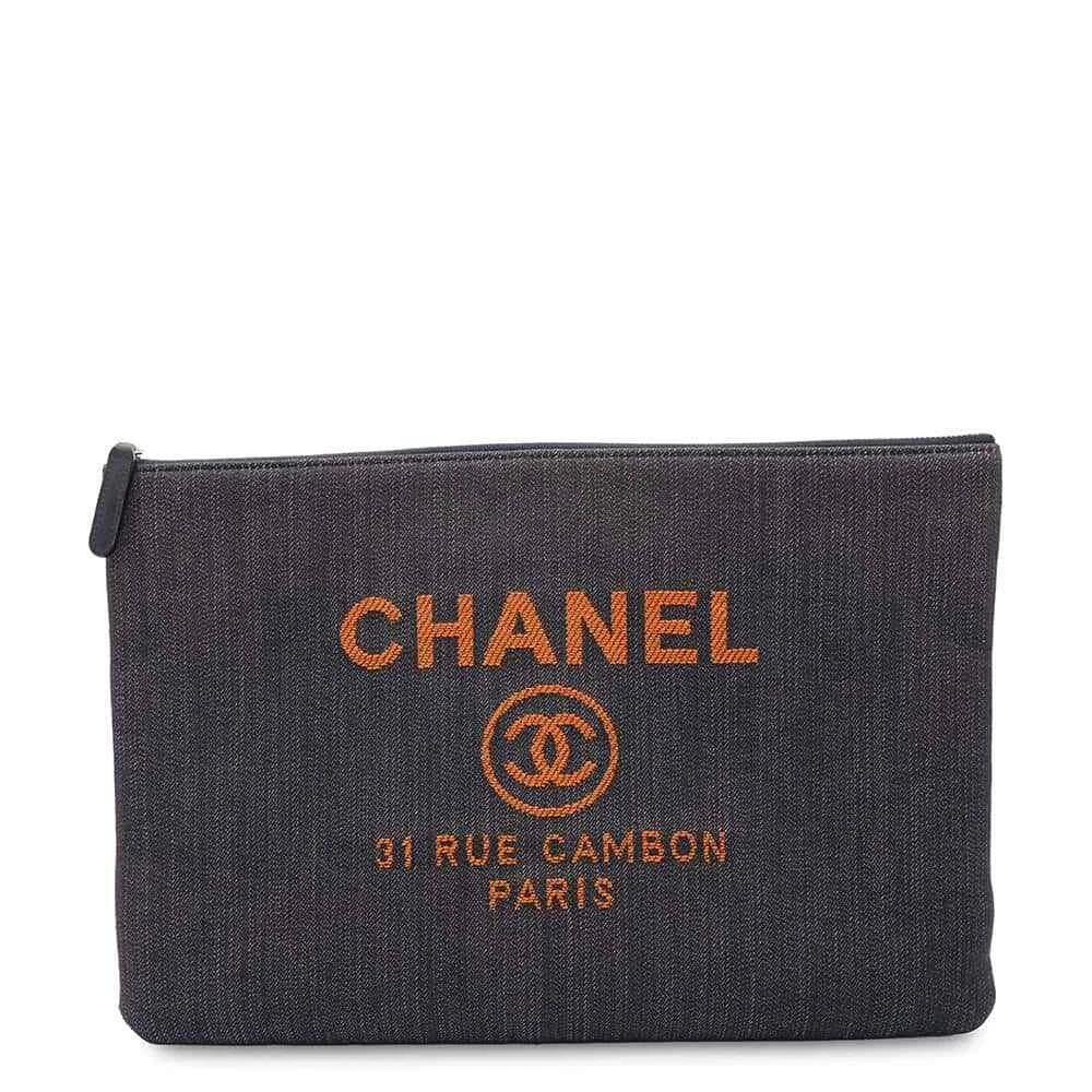 CHANEL Deauville Clutch Bag Denim Navy Orange