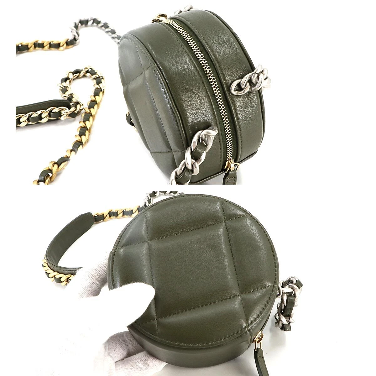 CHANEL 19 Round Clutch Chain Shoulder Bag Leather Khaki Purse