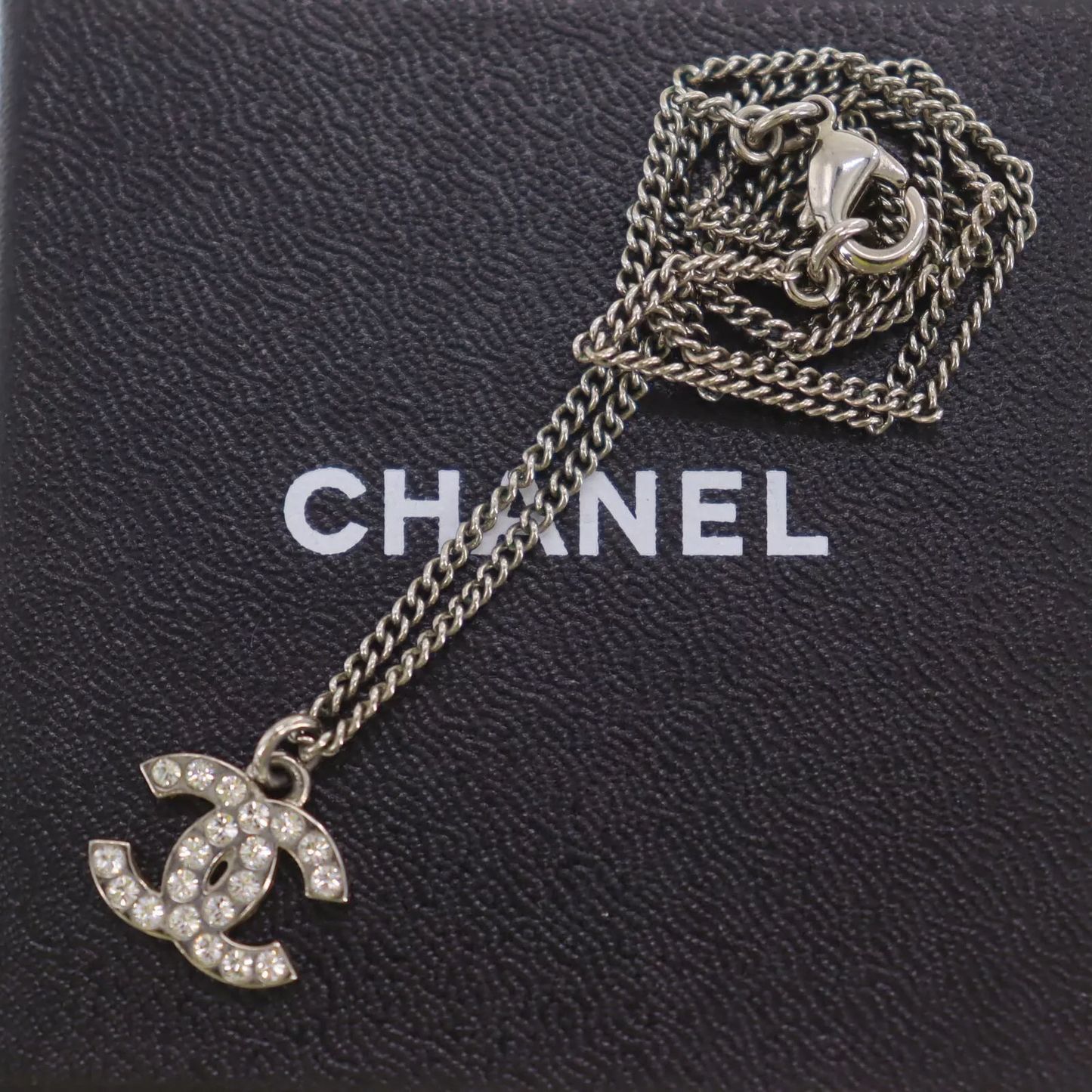 CHANEL Used CC Logos Rhinestones Necklace Pendant Silver F12 W France