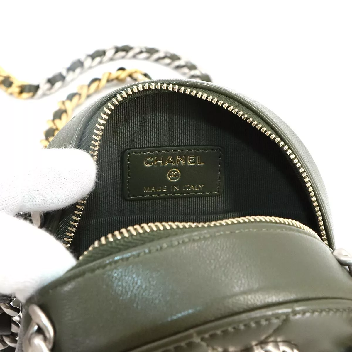 CHANEL 19 Round Clutch Chain Shoulder Bag Leather Khaki Purse