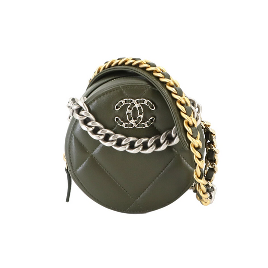 CHANEL 19 Round Clutch Chain Shoulder Bag Leather Khaki Purse
