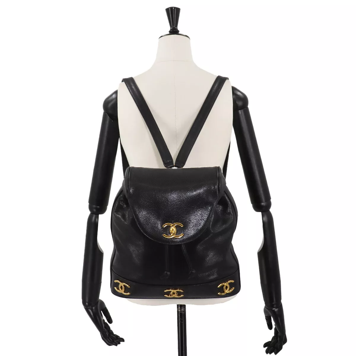 CHANEL Triple Coco Chain Backpack Caviar Skin Leather Black Purse