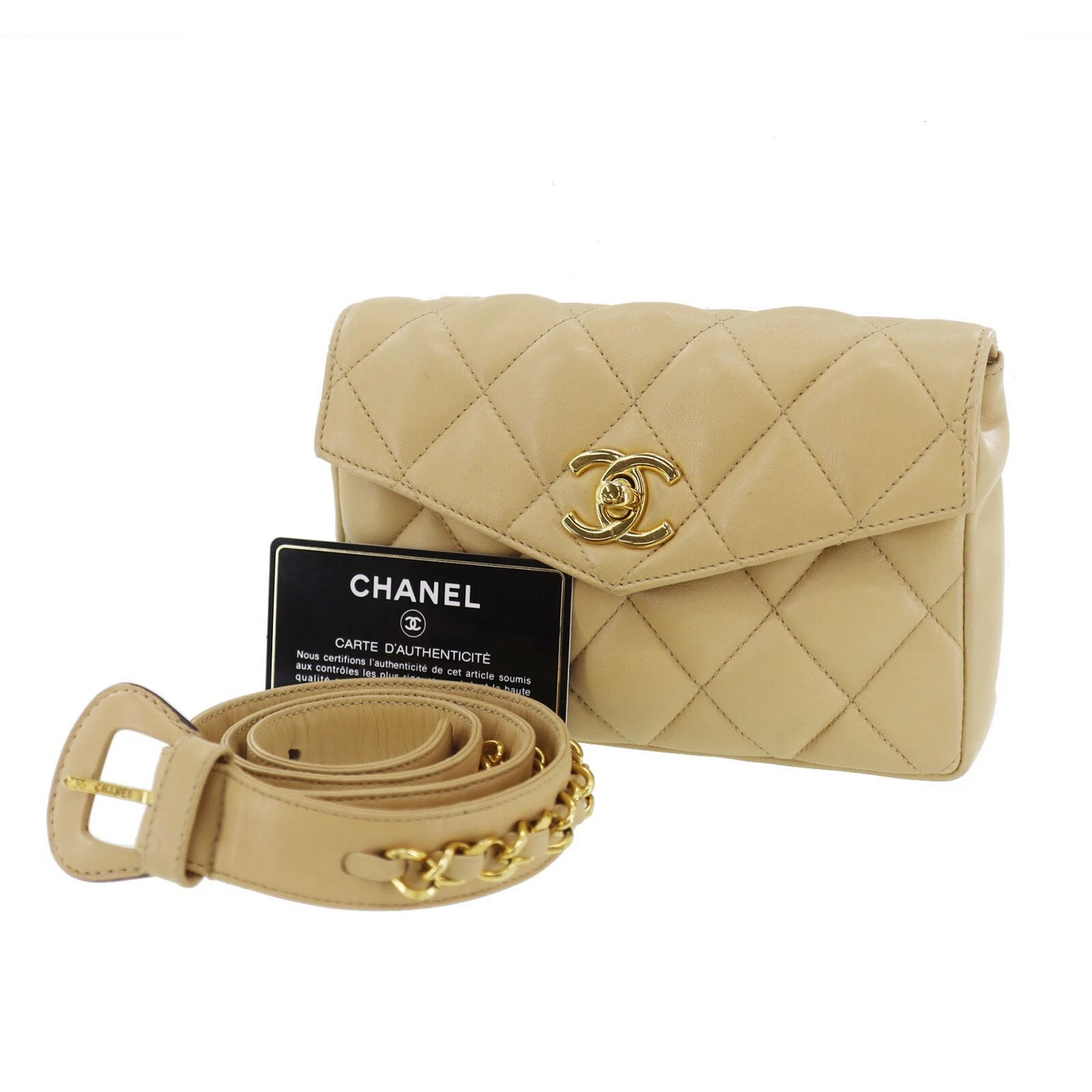 CHANEL Bum Bag Matelasse Beige Lambskin Used Belt Bag Leather