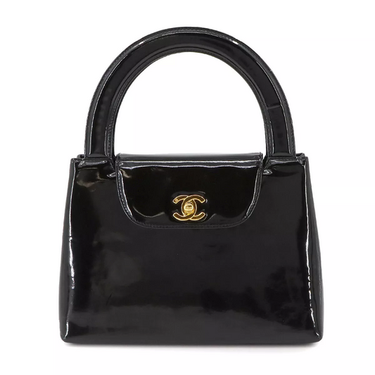 CHANEL Hand Bag Enamel Black Vintage Purse