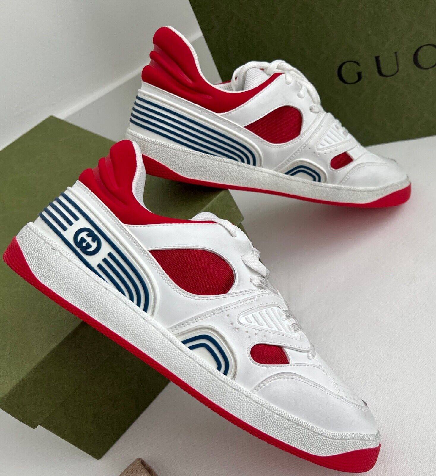 Gucci Men s Basket Sneakers Low Top Lace Up Red White Blue Ja FashionCo