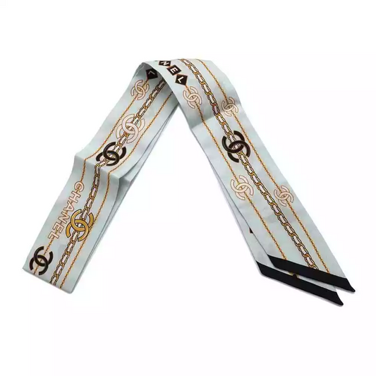 CHANEL CC Logo Camellia Chain Motif Scarf 100% Silk Blue