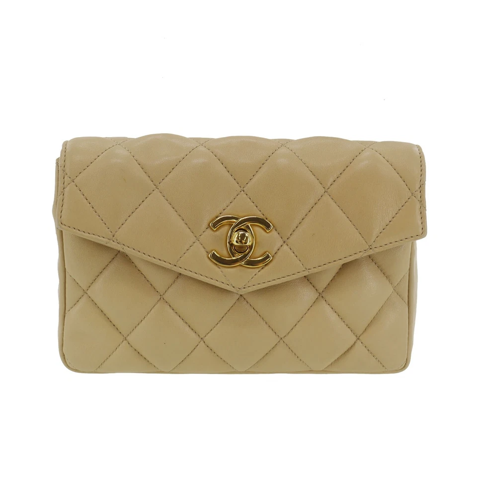 CHANEL Bum Bag Matelasse Beige Lambskin Used Belt Bag Leather