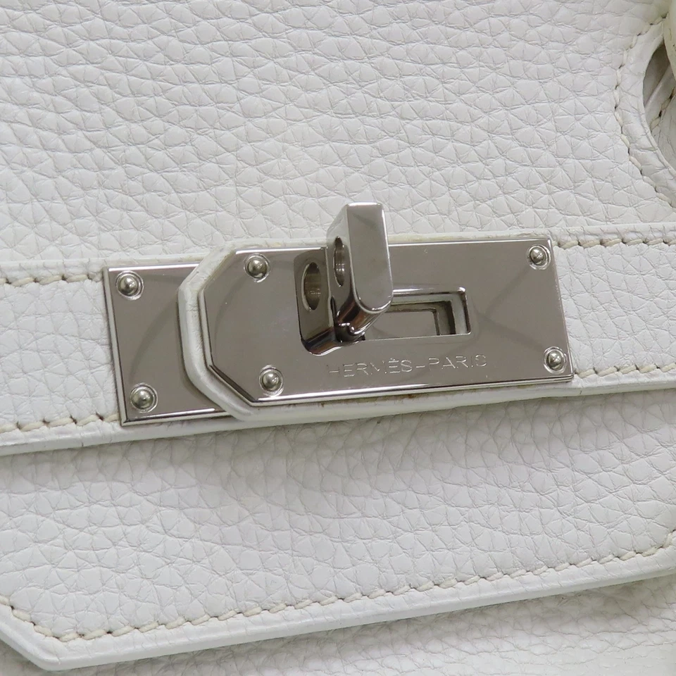 HERMES Birkin 42 Handbag Taurillon Clemence White Palladium Hardware J Stamp