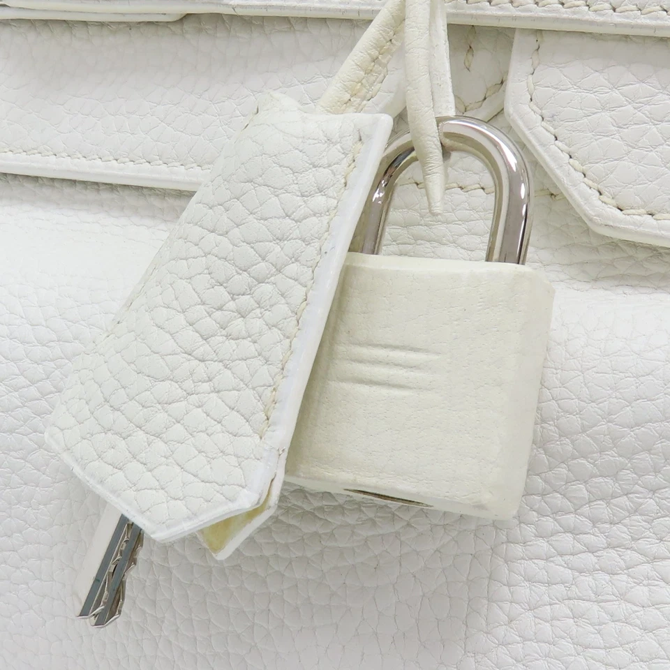 HERMES Birkin 42 Handbag Taurillon Clemence White Palladium Hardware J Stamp