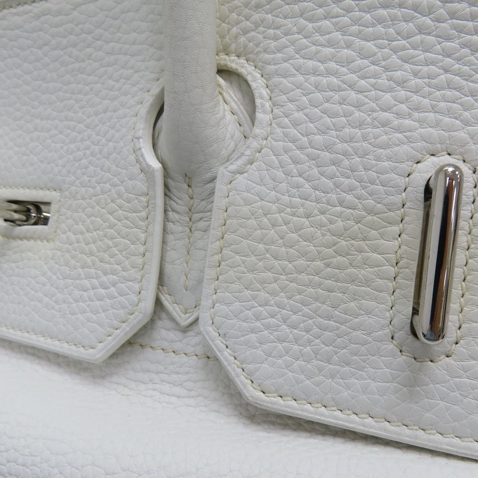 HERMES Birkin 42 Handbag Taurillon Clemence White Palladium Hardware J Stamp
