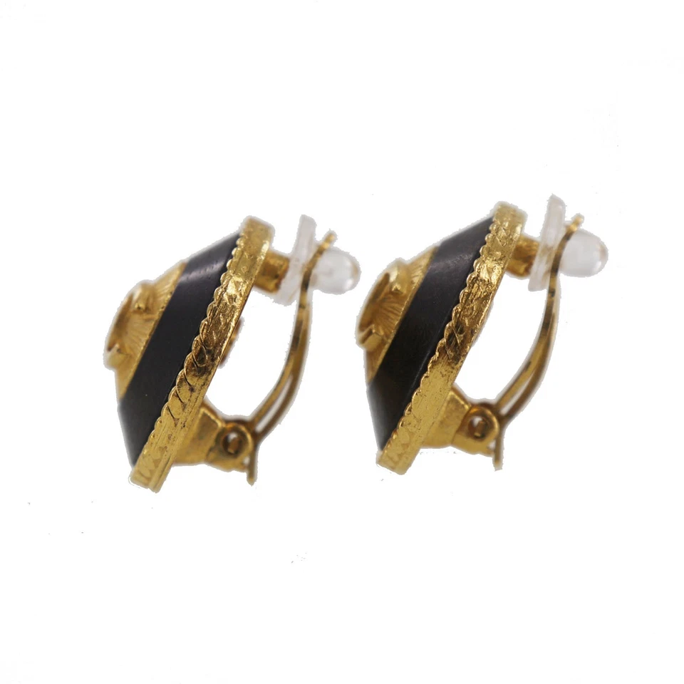 CHANEL CC Logos Used Round Circle Earrings Gold Black Clip-On 93A